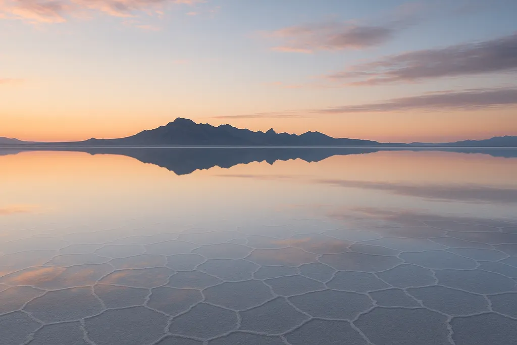 Bonneville Salt Flats in Utah at sunrise reflecting the sky like a mirror