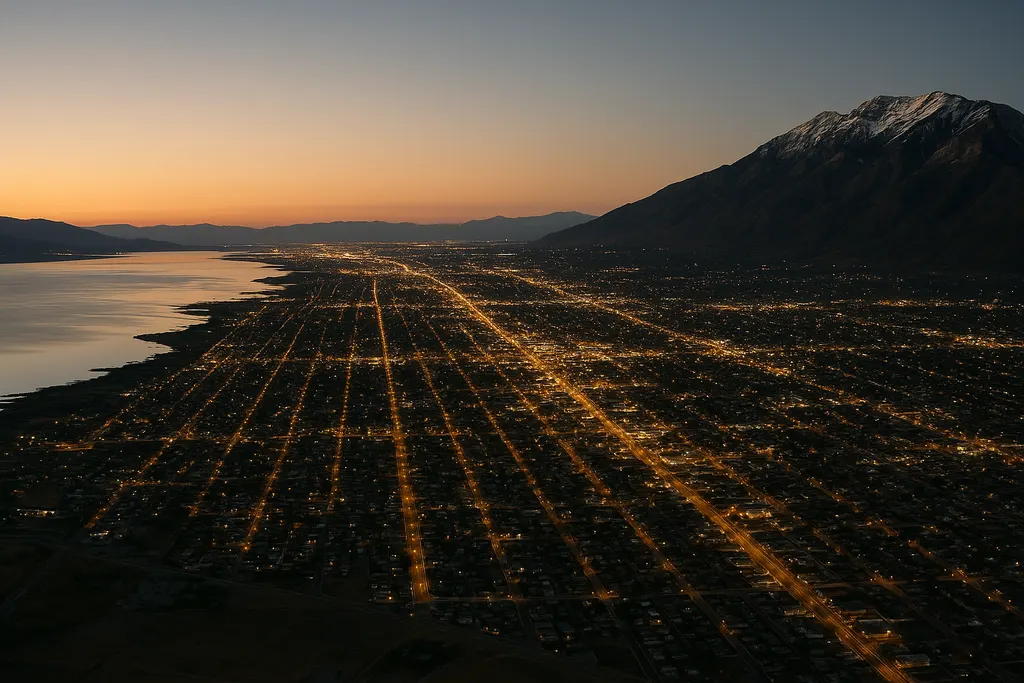 Aerial view of Utah County at dusk with Utah Lake and Mount Timpanogos