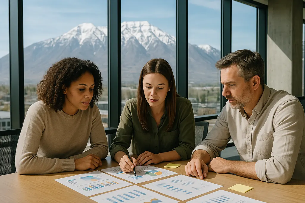 Team planning a marketing campaign in a Provo, Utah office with Mount Timpanogos outside