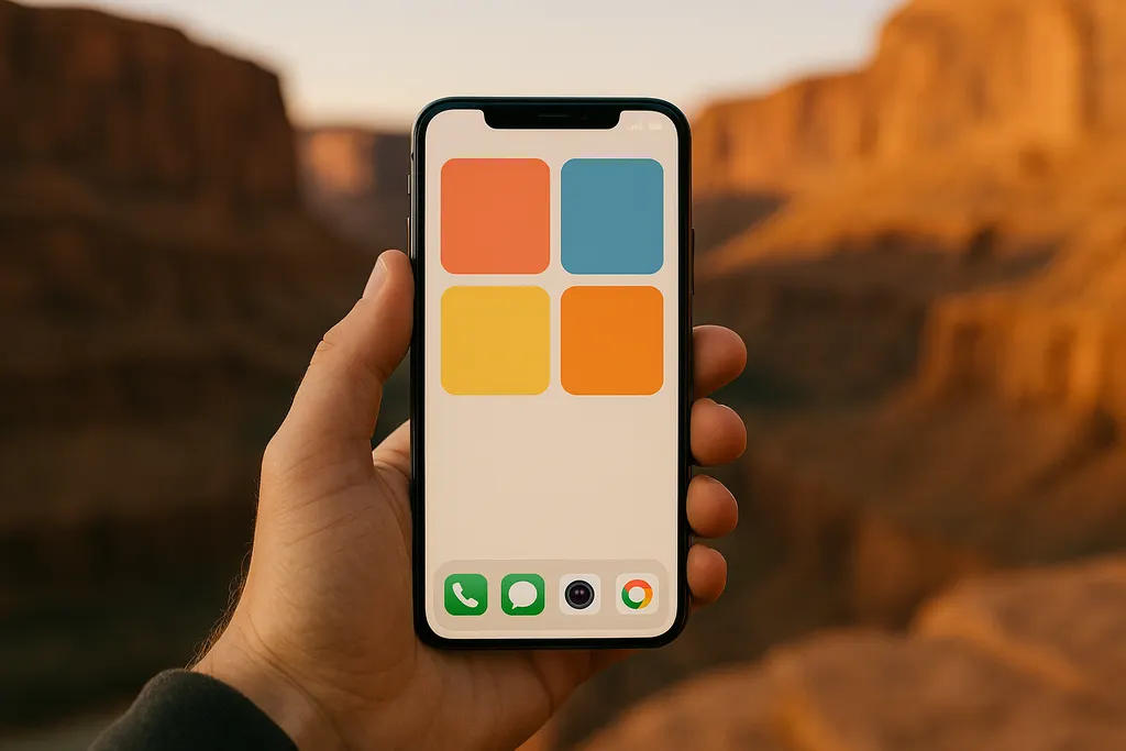 Hand holding a smartphone in front of red rock canyon walls near Moab, Utah