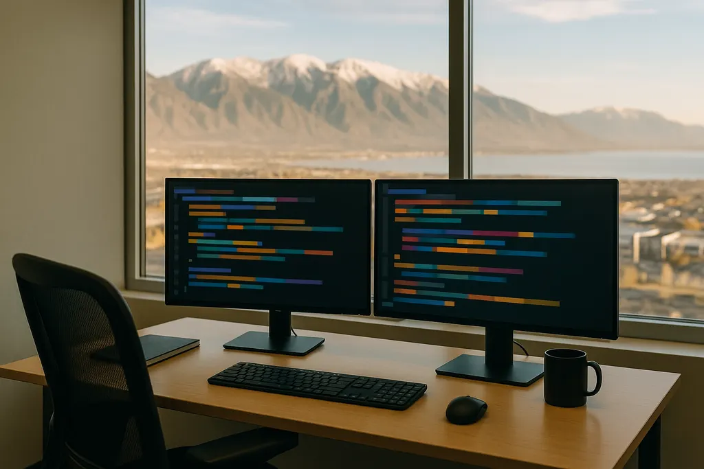 Developer workstation in a Lehi, Utah office with the Wasatch mountains through the window