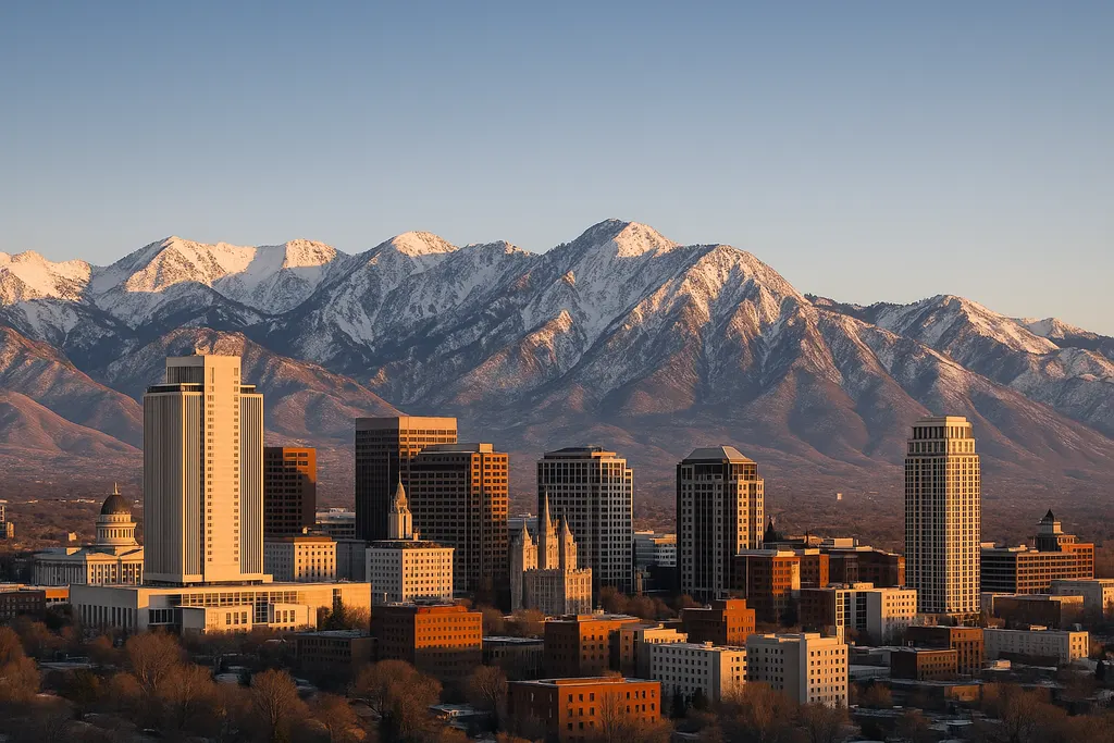 Salt Lake City skyline at sunrise with the snow-capped Wasatch Range behind it