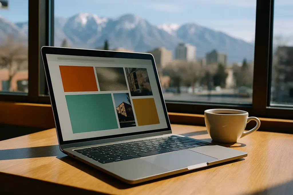 Laptop showing a website design on a table in a Salt Lake City coffee shop